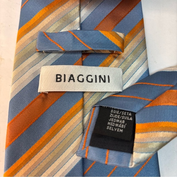 Biaggini 100% Silk Tie Blue Orange Yellow Striped Bold Business 60” Necktie - Picture 2 of 3